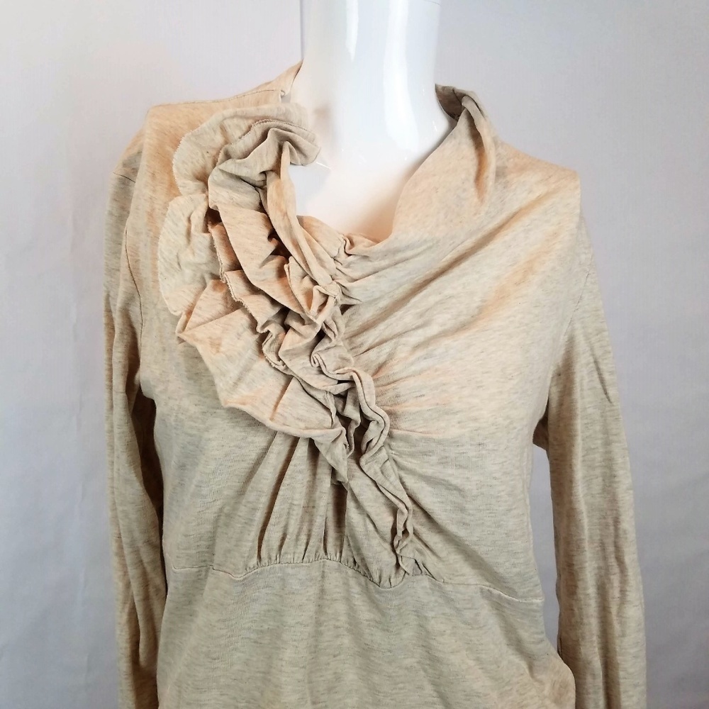 Cabi Women's Beige Nonchalant Long Sleeve Ruched Ruffle Feminine Top - Picture 2 of 5